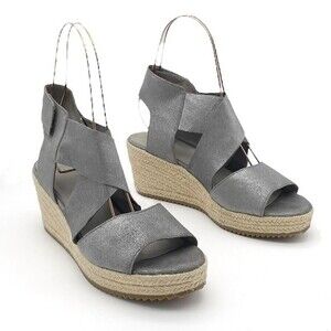 Eileen Fisher Willow Wedge Cross Strap Espadrille Gray Metallic Leather Size 9